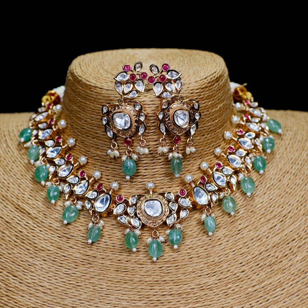 Mint Green Gold Polish Kundan Polki Ruby Stone Necklace with Earrings Set