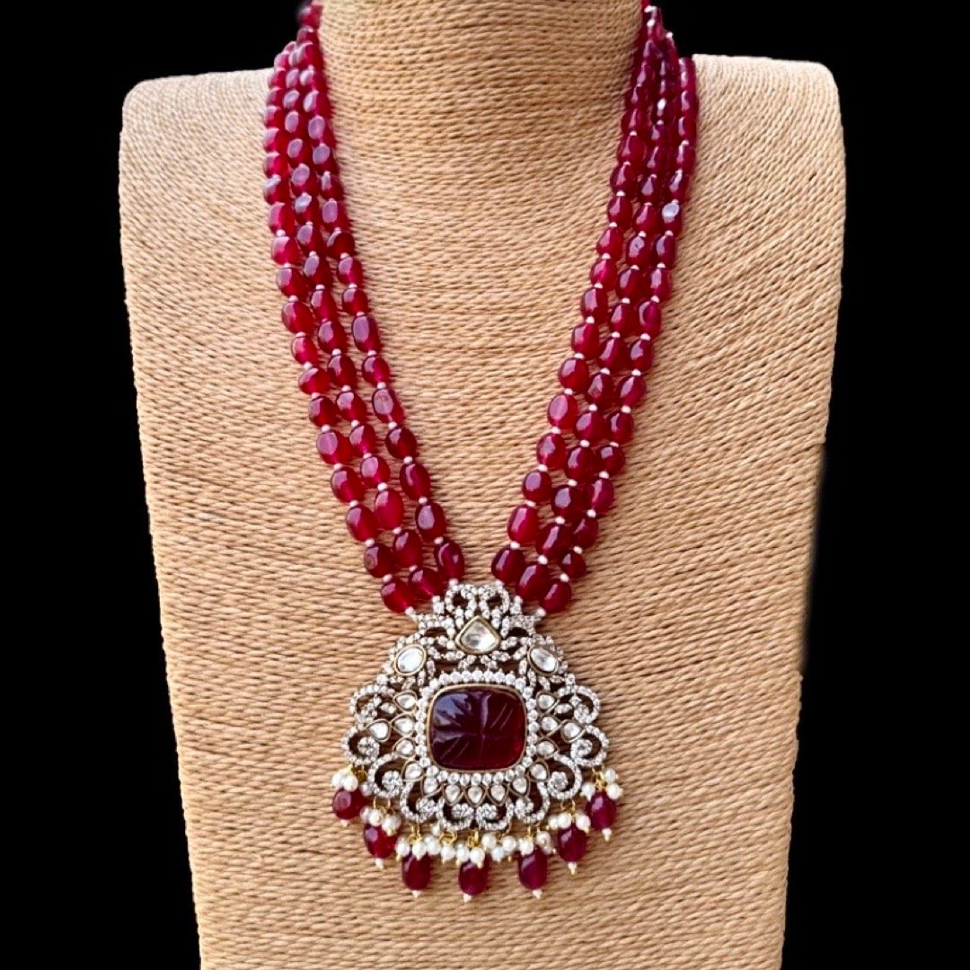 Gold Rhodium Finish Kundan Polki Ruby Stone Long Necklace