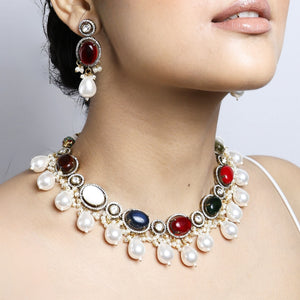 Navratan Necklace with Baroques and Earrings Set