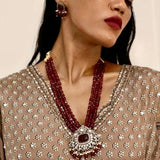 Gold Rhodium Finish Kundan Polki & Ruby Stone Long Necklace with Earrings Set