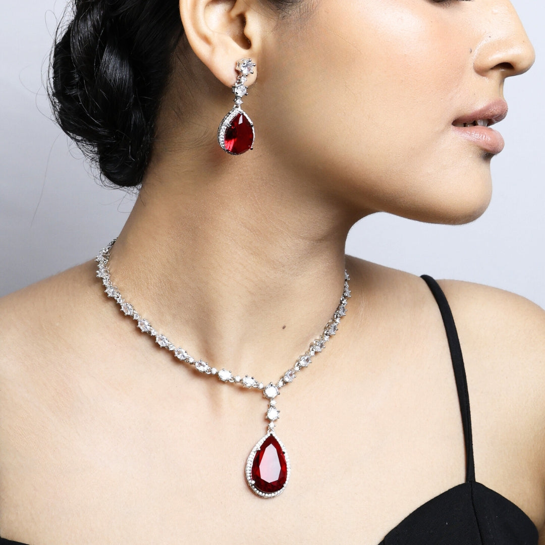 Myra Ruby Pendant Diamond Necklace with Earrings Set - Main Image