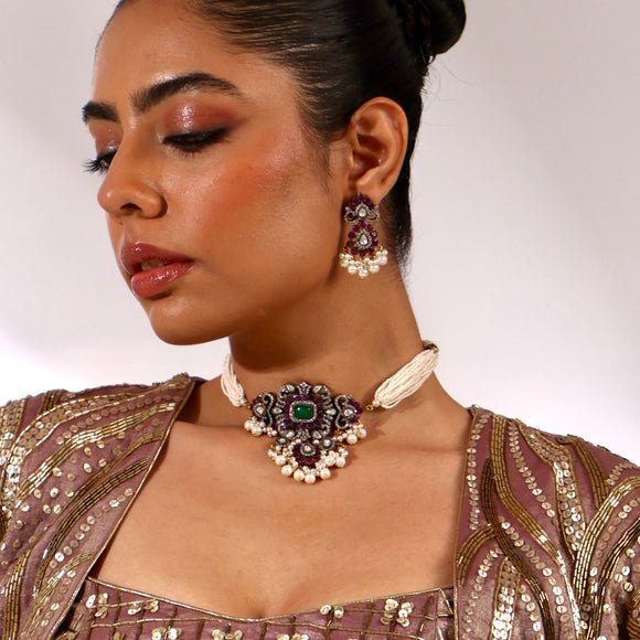 Navratna kundan Necklace with Earrings Set