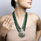 Kundan Pendant and strings of Emerald bead Necklace with Earrings