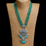 Long Zircon and Kundan Necklace in Sea Green Beads Necklace with Earrings Set