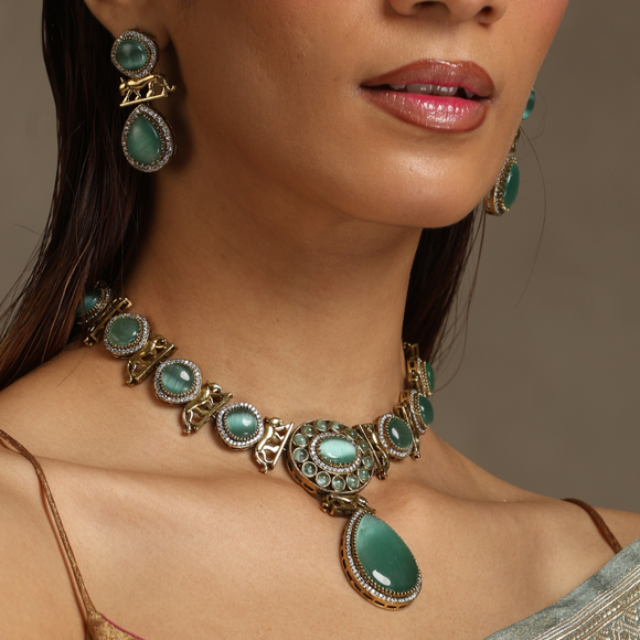 Gold Rhodium Finish Aqua Necklace with Earrings Set