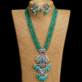 Long Zircon and Kundan Necklace in Sea Green Beads Necklace with Earrings Set