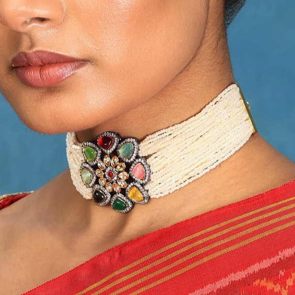 Thin Navratan choker with Earrings Set