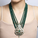 Kundan Pendant and strings of Emerald bead Necklace with Earrings