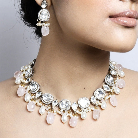 Blush Polki Diamond Necklace with Earrings Set
