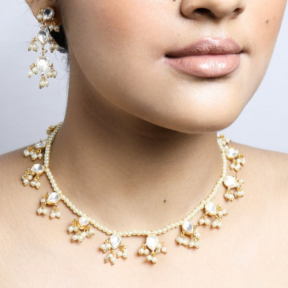 Dainty Pearl Kundan String with Earrings Set