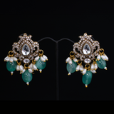 Long Zircon and Kundan Necklace in Sea Green Beads Necklace with Earrings Set