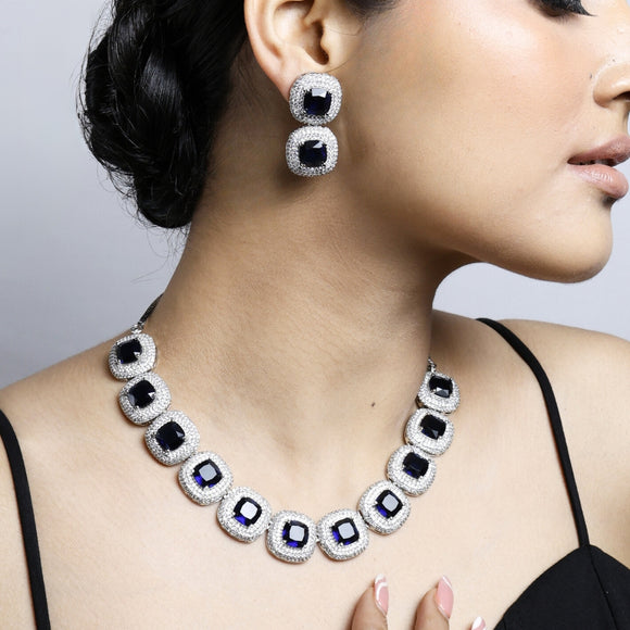 Cubic Sapphire Diamond Necklace with Earrings Set