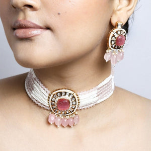Coral Kundan Pearl Choker with Earrings Set