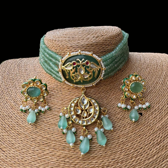 Gold Finish Kundan Polki & Light Green Beaded Choker Necklace with Earrings Set
