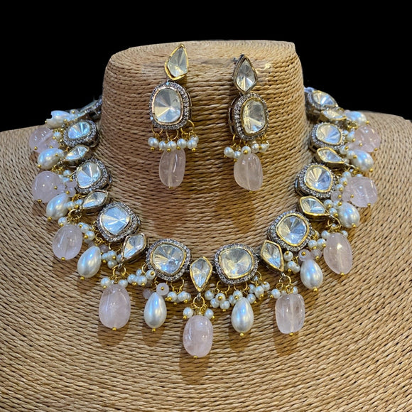 Blush Polki Diamond Necklace with Earrings Set