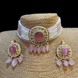Coral Kundan Pearl Choker with Earrings Set