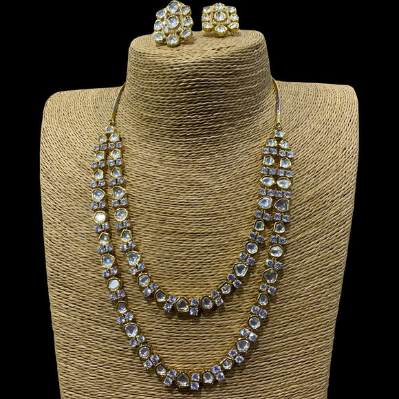 Shayna Layered Uncut Polki Diamond Necklace Set with Earrings- Gold