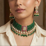 Kundan Choker and strings of Emerald beads with Earrings Set