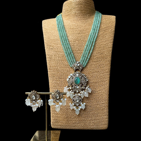 Long Zircon and Kundan Necklace in Sea Green Beads Necklace with Earrings Set