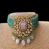 Kundan Polki Rose Quartz & Mint Green Bead Choker Necklace with Earrings Set