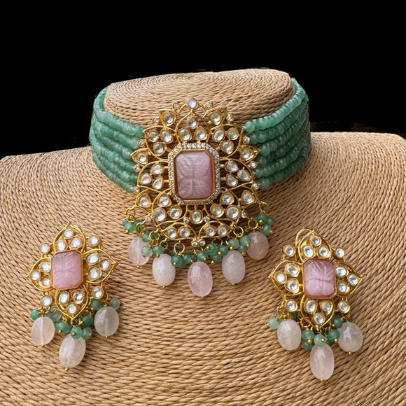 Kundan Polki Rose Quartz & Mint Green Bead Choker Necklace with Earrings Set