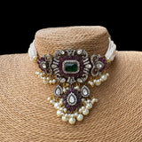 Ruby Emerald Stones in Zircon Kundan Chokar with Earrings Set