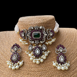 Ruby Emerald Stones in Zircon Kundan Chokar with Earrings Set