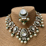 Gold Finish Kundan Polki & Pearl Choker Necklace with Earrings and Tikka Set
