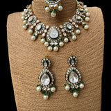 Gold Finish Kundan Polki & Pearl Choker Necklace with Earrings and Tikka Set