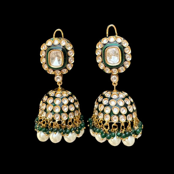 Gold Finish Kundan Polki and Beaded Enameled Jhumka Earrings