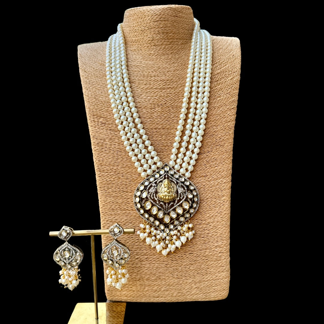 Long Kundan Pendant in Pearls Necklace with Earrings Set