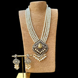 Long Kundan Pendant in Pearls Necklace with Earrings Set