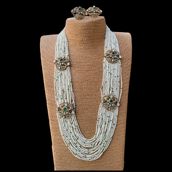 Gold Finish Zircon & Pearl Long Necklace with Earrings Set