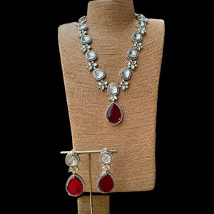 Two Tone Finish Kundan Polki & Red Stone Necklace with Earrings Set