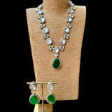 Two Tone Finish Kundan Polki & Green Stone Necklace with Earrings Set