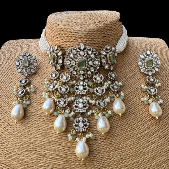 Layered Polki & Pearl Studded Choker with Earrings Set