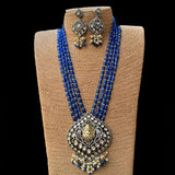 Long Kundan Pendant in Blue beads Necklace with Earrings Set