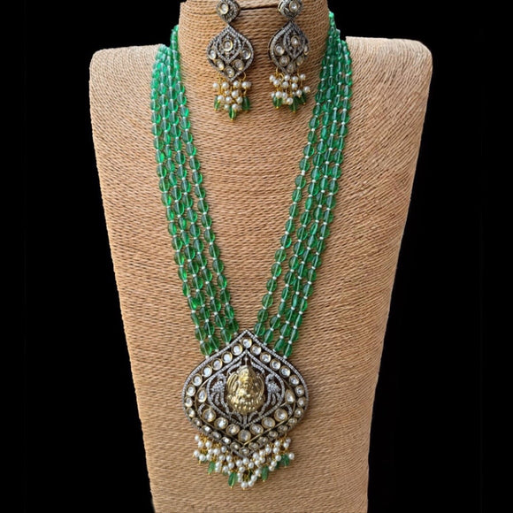 Long Kundan Pendant in Green beads Necklace with Earrings Set