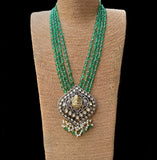 Long Kundan Pendant in Green beads Necklace with Earrings Set