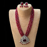 Gold Rhodium Finish Kundan Polki & Ruby Stone Long Necklace with Earrings Set