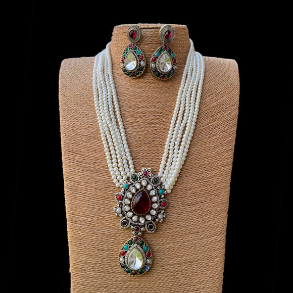 Navratan Pendant Pearl String Necklace With Earrings Set