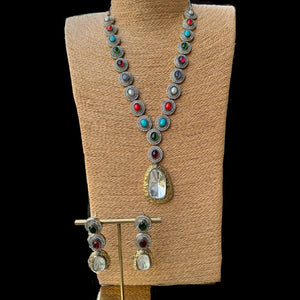 Gold Finish Zircon Polki & Multi-Colored Stones Long Necklace Set