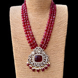 Gold Rhodium Finish Kundan Polki & Ruby Stone Long Necklace with Earrings Set