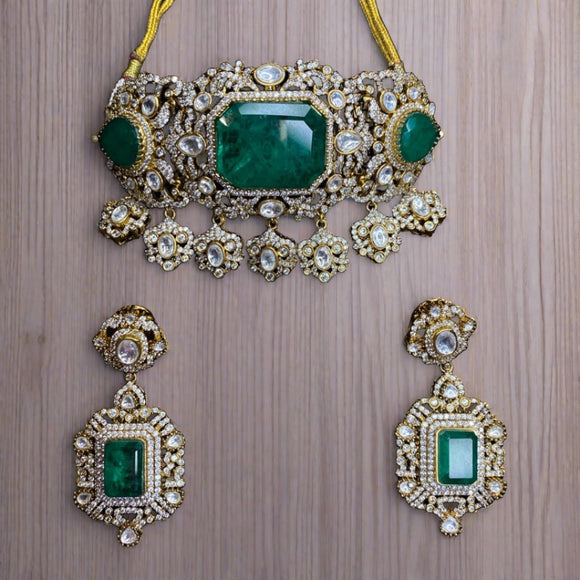 Osha Emerald Polki Diamond Choker with Earrings Set