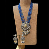 Long Kundan Pendant in Blue beads Necklace with Earrings Set