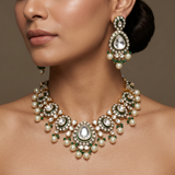 Gold Finish Kundan Polki & Pearl Choker Necklace with Earrings and Tikka Set