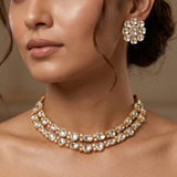 Double Line Kundan Diamond Gold Necklace Set with Earrings
