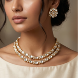 Double Line Kundan Diamond Gold Necklace Set with Earrings