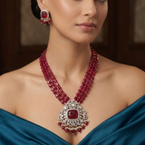 Gold Rhodium Finish Kundan Polki & Ruby Stone Long Necklace with Earrings Set