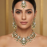 Gold Finish Kundan Polki & Pearl Choker Necklace with Earrings and Tikka Set